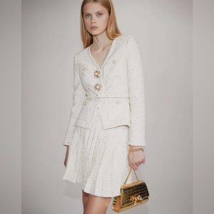 Self Portrait Cream Metallic Boucle Mini Jacket Dress